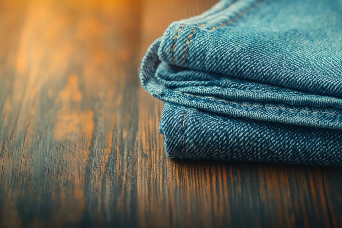 Jeans pliés sur une table de bois