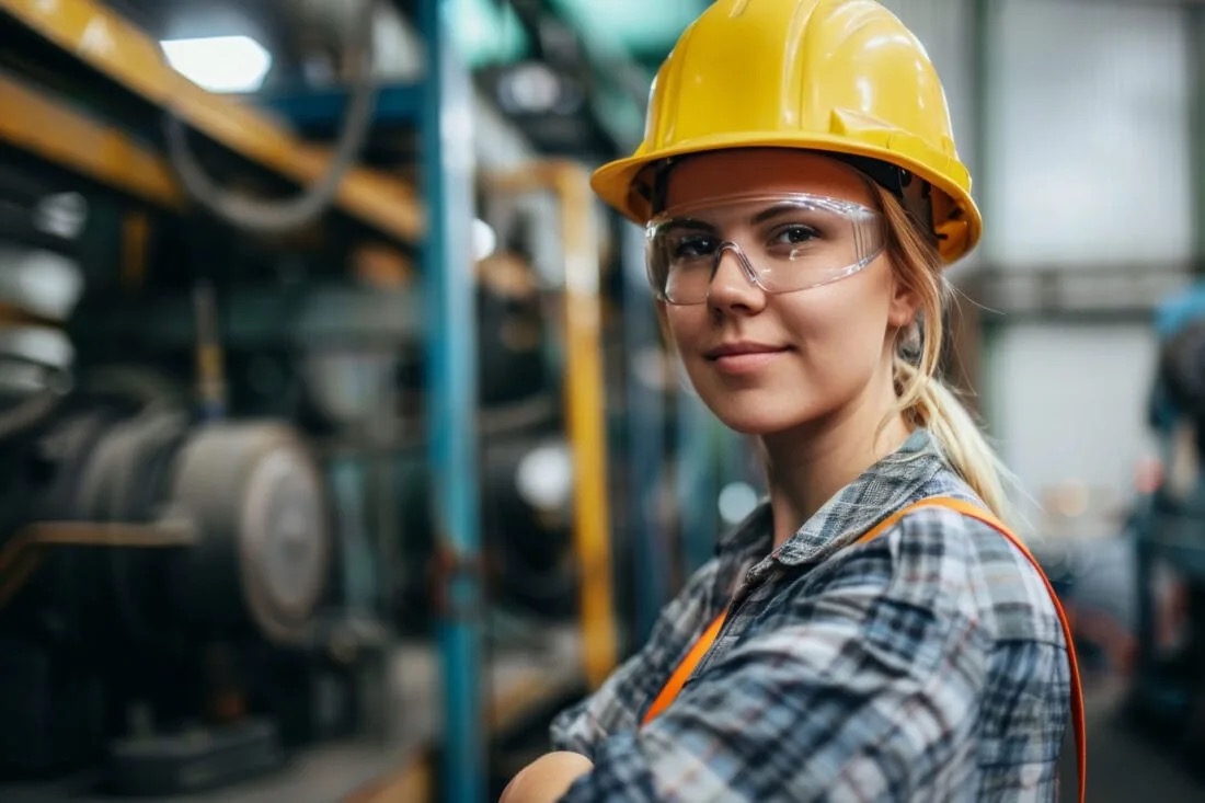 Travailleuse avec casque et lunettes de protection